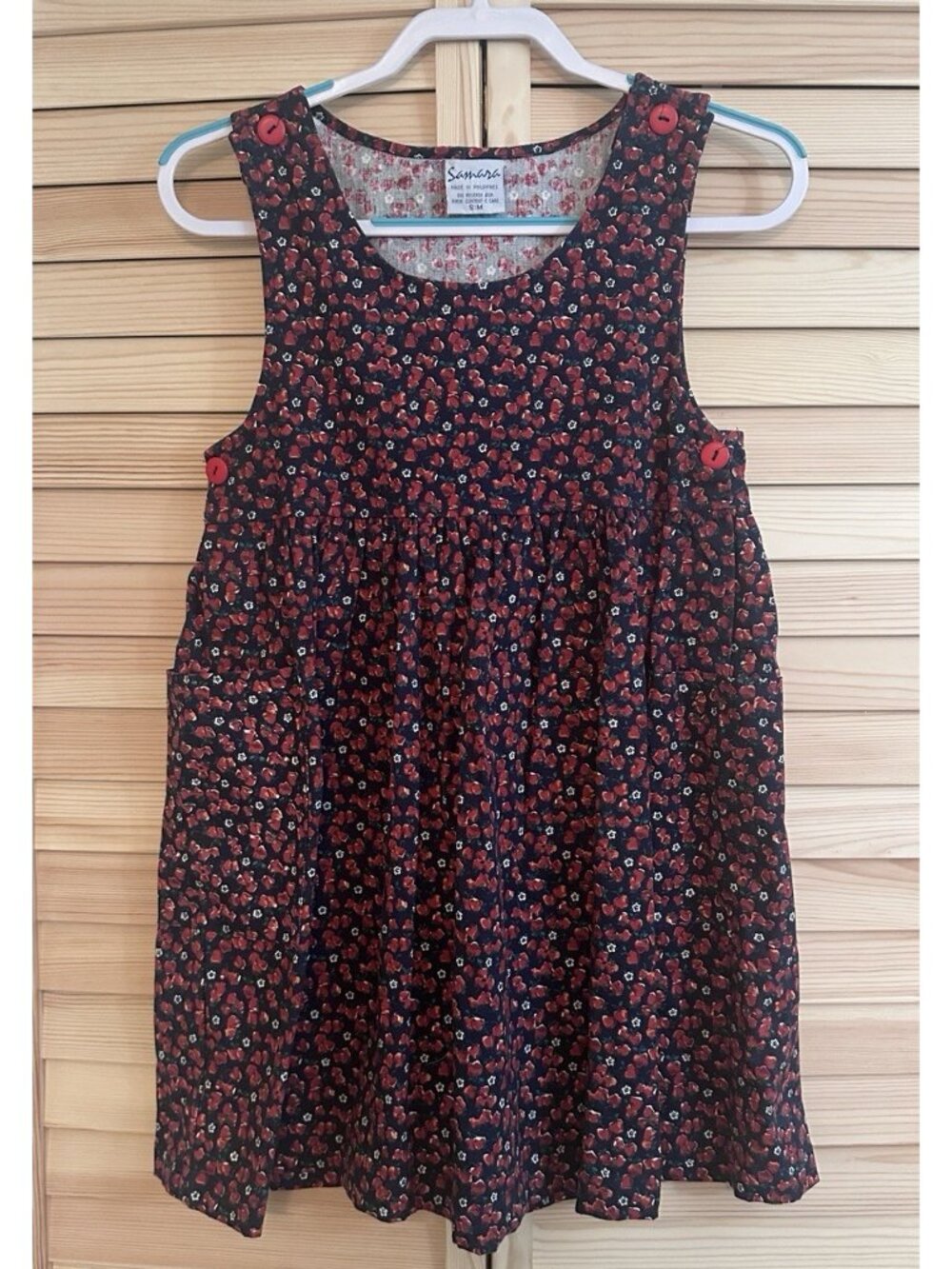 Vintage 90s Jumper Apron Dress Cotton Apple Print Pockets Buttons Blue Red Small